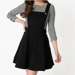 Hell Bunny Dakota Pinafore Denim Jumper Dress Size Small Black Overalls Festival
